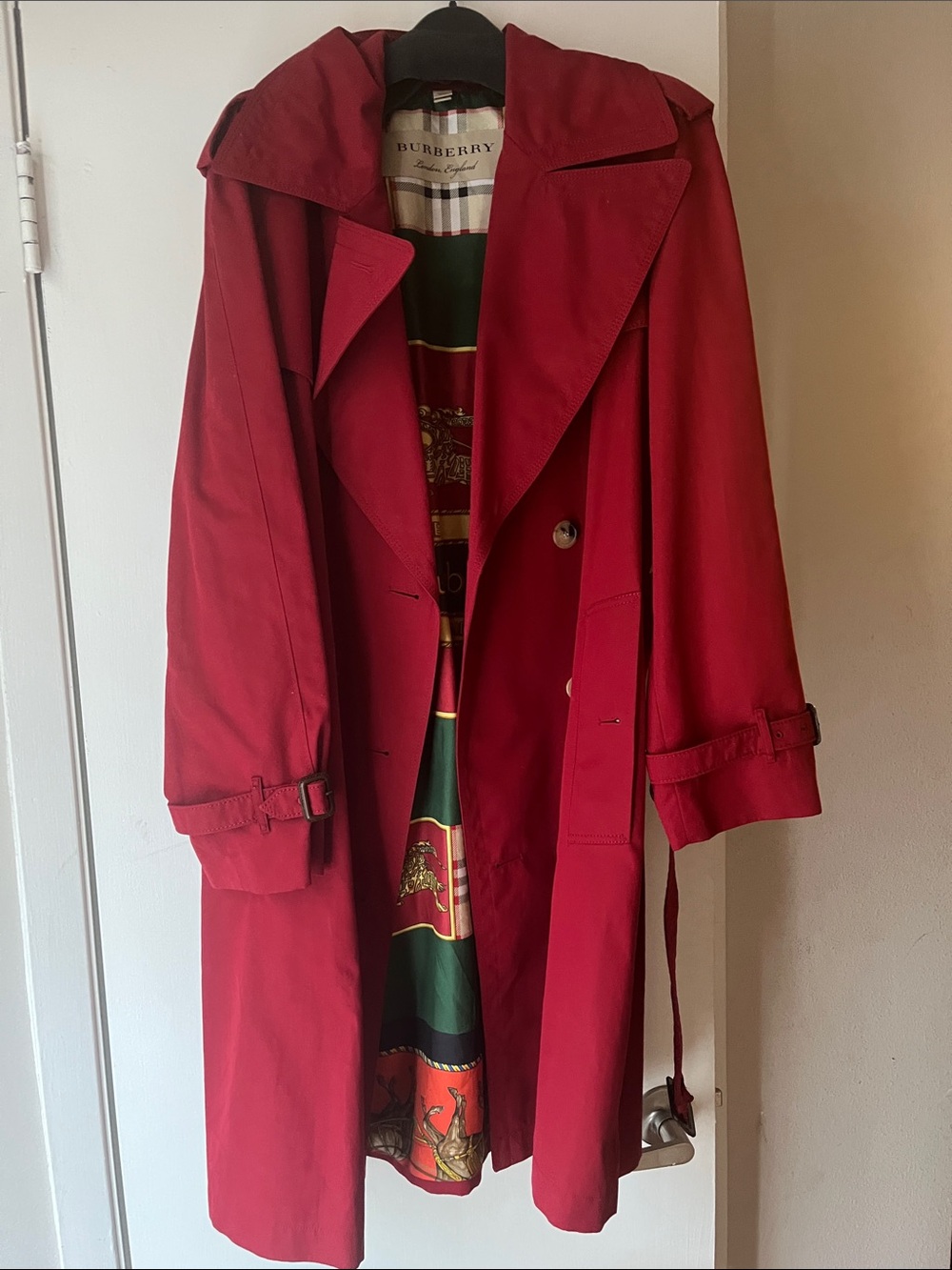 Burberry Red Double-Breasted Trench Coat with Signature Lining